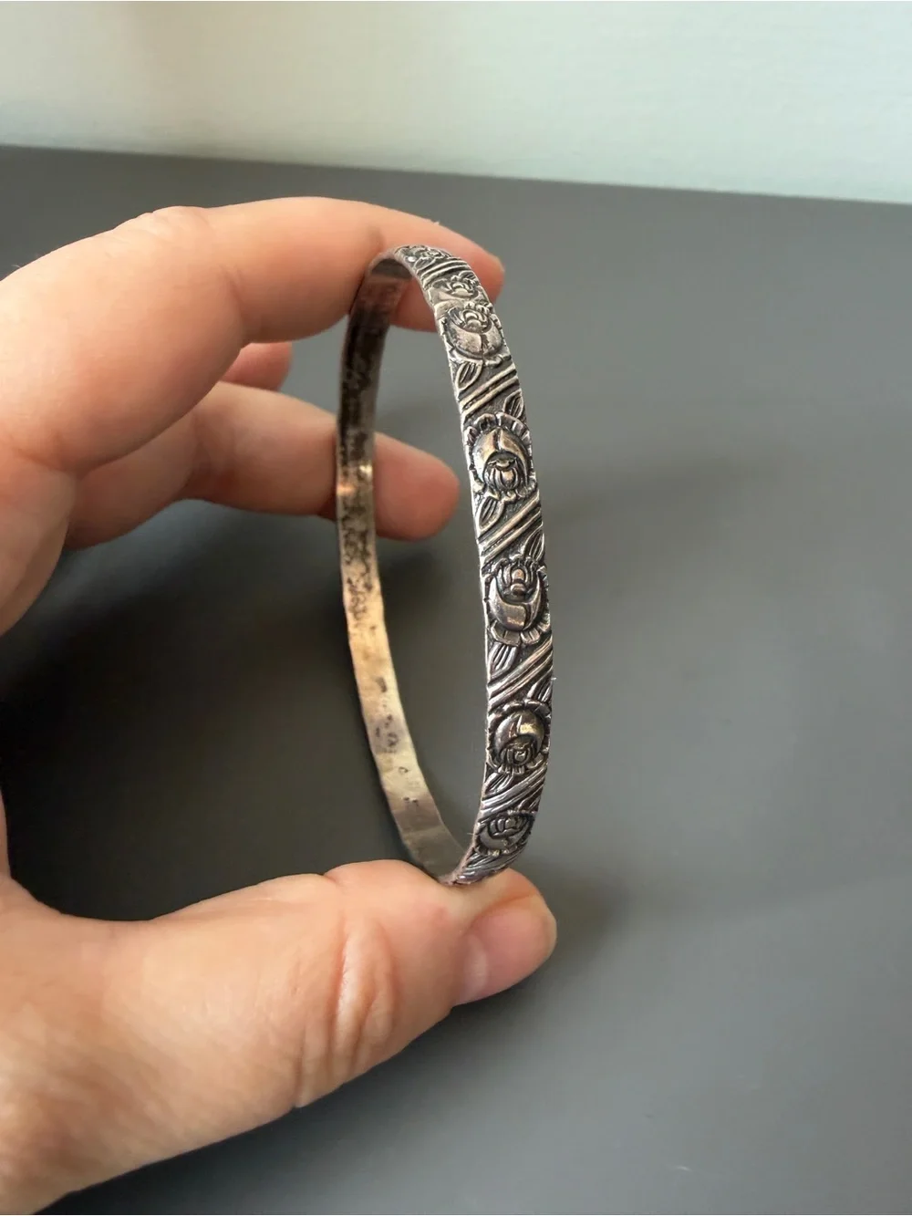 Beau Sterling Floral Rose Bangle Bracelet Vintage Etched Hingeless Slip-On